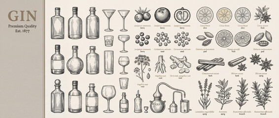 Premium quality engraved collection showcasing gin ingredients, tools, and historical elements for a vintage aesthetic