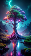 magical glowing bioluminescent tree in a fantasy landscape at night