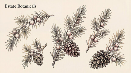 Engraved botanical collection showcasing the beauty of pinecones and evergreen branches in delicate detail