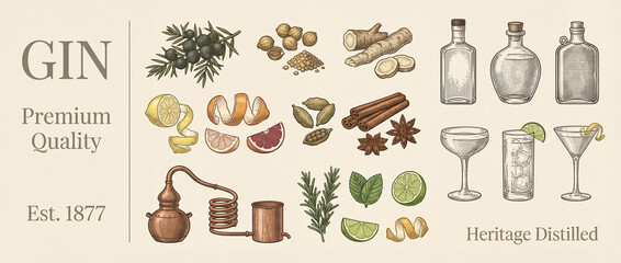 Engraved collection showcasing the rich ingredients and artistry behind premium gin production, celebrating craftsmanship and heritage