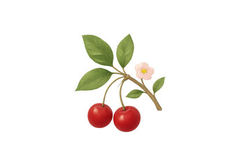 Cherry fruit branch with green leaf and blossom