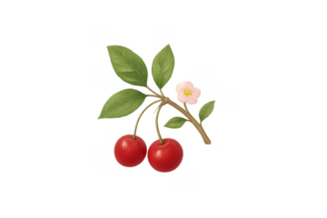 Cherry fruit branch with green leaf and blossom