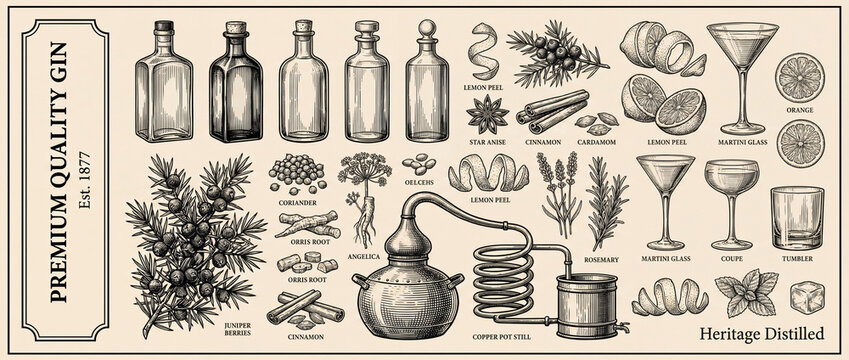 Explore the exquisite collection of engraved heritage gin, showcasing premium quality ingredients and elegant design elements