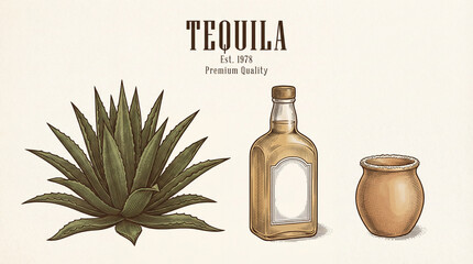 Crafting premium engraved tequila collection showcasing agave, bottle, and traditional pottery in a harmonious design