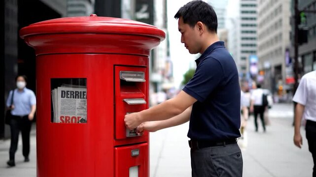 A man inserts coins into a bright red, traditional-style, cylindrical city mailbox