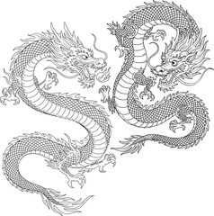 Two Traditional Chinese Dragons Line Drawing