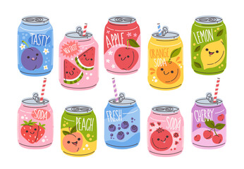 Colorful, carbonated soft soda drinks in common packaging formats isolated set on white background