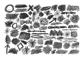 Isolated set of black scribbles and doodles hand drawn element in different shapes and forms