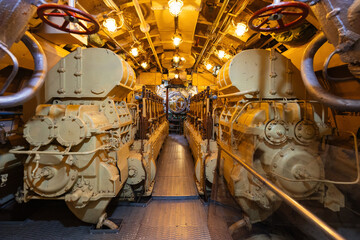 Inside old diesel military submarine