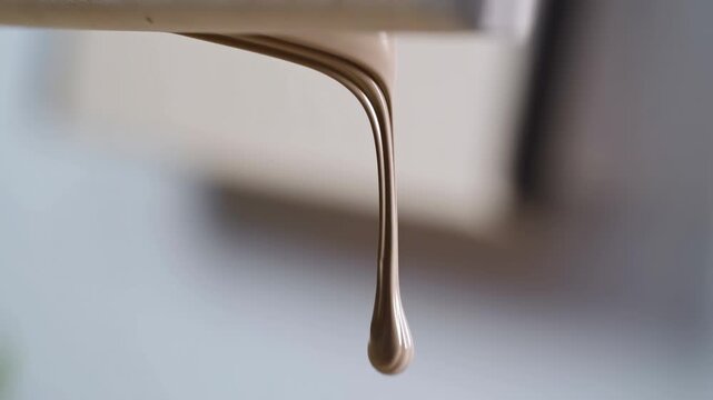 Smooth chocolate dripping from dispenser in slow motion closeup