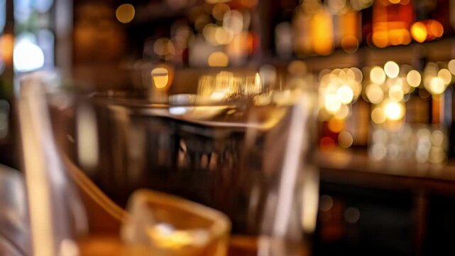A glass of brown liquor with ice cube on a wooden bar top with bokeh background
