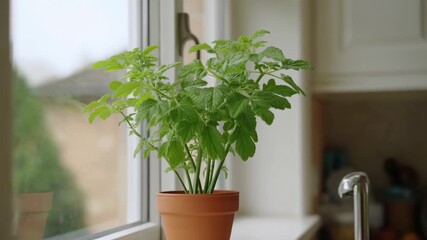 Sunlit kitchen window herb plant growth timelapse for home gardening inspiration