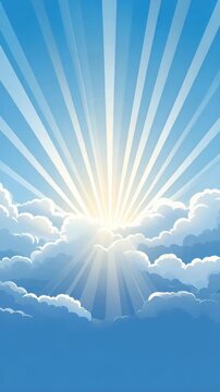 Illustrated sun rays bursting through fluffy cumulus clouds in bright blue sky, vector depiction, heavenly light spreading, optimistic scene