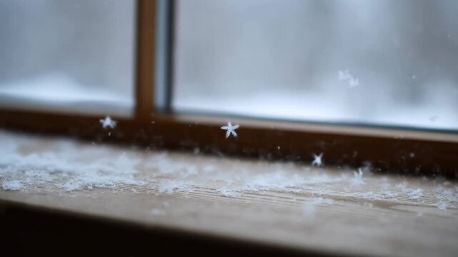 Falling snowflakes settle on window sill capturing winter serenity