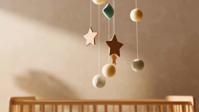 Gentle movement of a baby crib mobile casting soft shadows in nursery