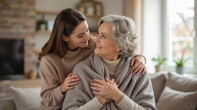 Young woman tenderly embracing happy senior mother wrapped in a blanket in a cozy home for family care concept and intergenerational love