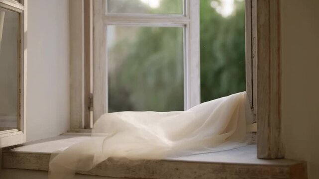 Soft breeze gently flows through open window with sheer curtain movement and light