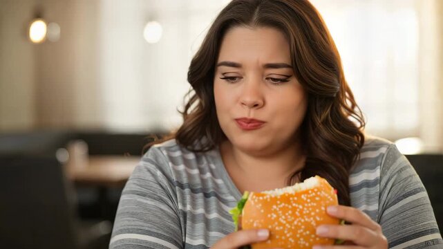 Young woman with conflicted expression eating a large burger indoors, representing unhealthy food choices concept and diet struggle