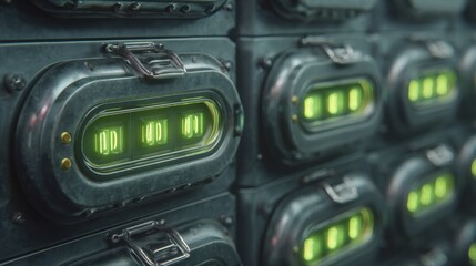 Futuristic Storage Units Featuring Glowing Green Indicators in a High-Tech Environment