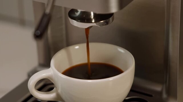 Brewing espresso: coffee flowing into cup from modern machine in kitchen scene