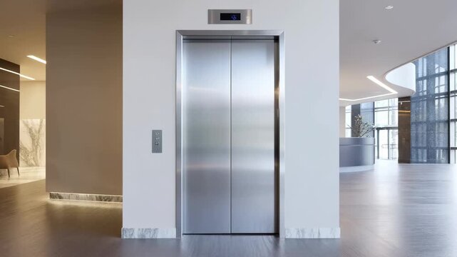 Modern elevator doors opening and closing in contemporary office building