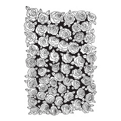 Rose flowers with leaves. Floral hand drawn art ornamental background. Doodle style. Vector illustration. Simple minimalistic nature design.