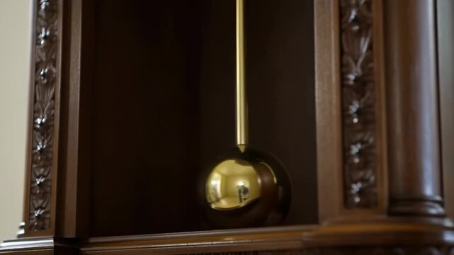 Swinging pendulum of antique wooden clock reflects elegant movement and timeless precision