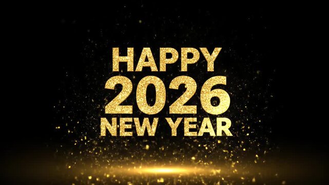 Happy New Year 2026 greeting card with golden glitter