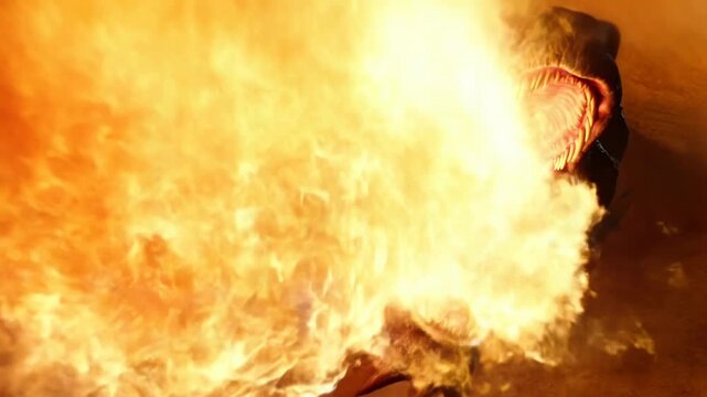 Fierce dragon emerges from cave breathing fire in dramatic night scene