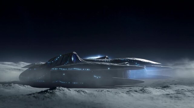 Futuristic spaceship landing on moonlit surface under starry night sky