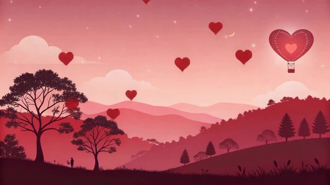 Romantic landscape with heart hot air balloon floating over hills and a couple for Valentine's Day celebration concept and romantic escape illustration