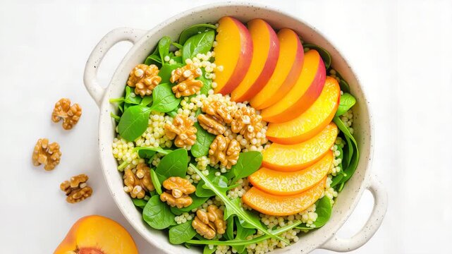 Vibrant spinach, peach, walnut, and couscous salad in a rustic white bowl on a clean background, presented from above for healthy eating concept and summer diet.