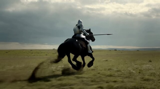Gallant knight riding across open plains with spear in motion under dramatic skies