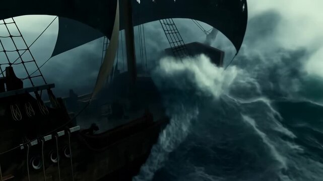 Sailing ship battles mighty ocean waves in dramatic sea adventure