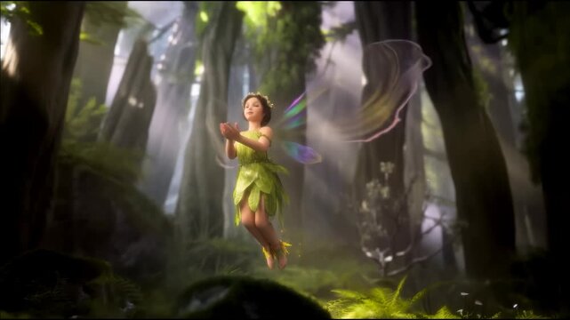 Enchanting forest fairy dancing amidst sunlit trees in a magical woodland adventure