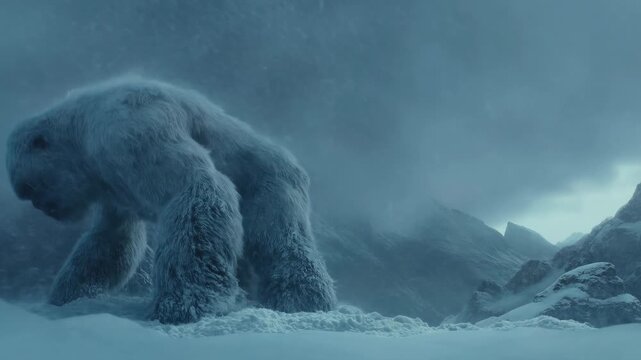 Majestic yeti moving through snowy mountain landscape in winter storm