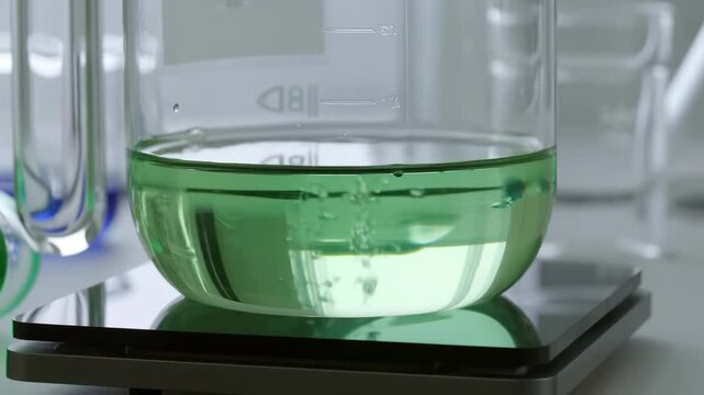 Bubbles rising in green liquid in laboratory glassware on magnetic stirrer