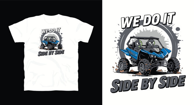 White t shirt mockup featuring cartoon side by side utv adventure graphic