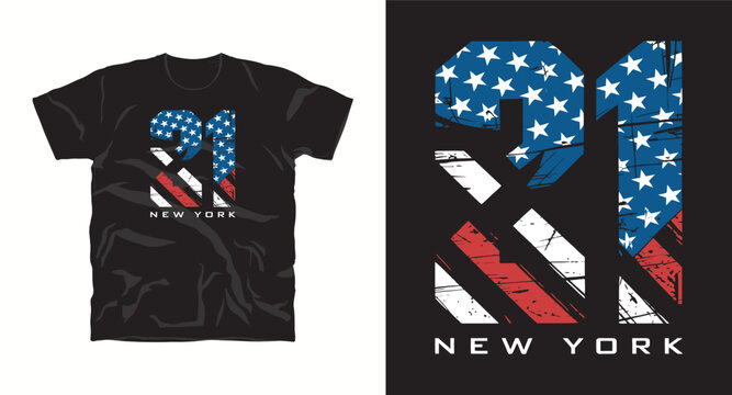 New york city typography design featuring number ninety one decorated with distressed american flag texture vector graphic
