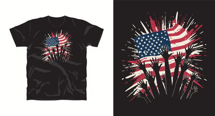 Independence day celebration design with raised hands reaching for american flag
