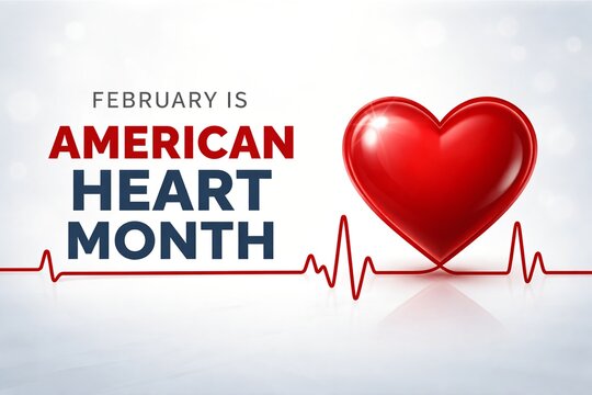 American Heart Month Banner with Red Heart and EKG Heartbeat Line