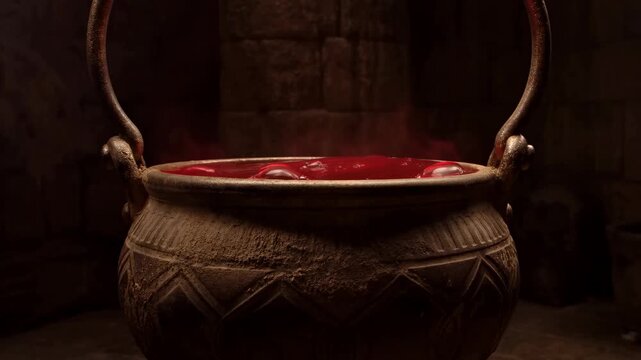 Bubbling cauldron: closeup of boiling potion in dark setting
