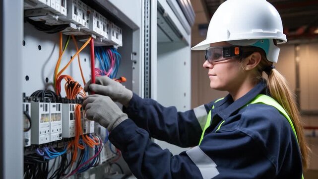 Professional electrician engineer women working, measuring voltage and current of power electric.