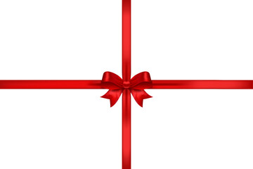 Red satin cross ribbon with centered bow, decorative vector element for greeting cards, invitations, gift frames and festive layouts