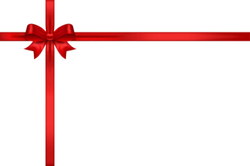Red satin cross ribbon with bow in top left corner, decorative vector frame element for greeting cards, invitations, gift layouts and festive design