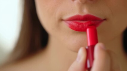 Applying red lipstick with precision and style in closeup sequence