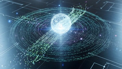 Futuristic glowing orb with swirling digital particles and code streams
