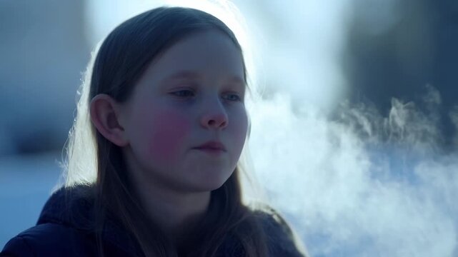 Young girl enjoying cold winter air, visible breath vapor in the chill outdoors