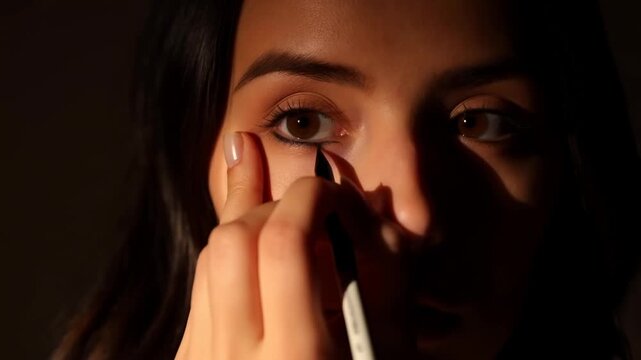 Closeup on woman applying eye makeup with intense focus and precision in low light