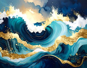 Abstract ocean waves with gold accents